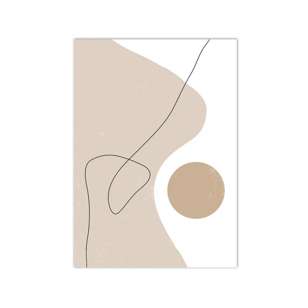 Minimalist abstract art print featuring organic beige shapes, a tan circle, and thin black lines on a white background.