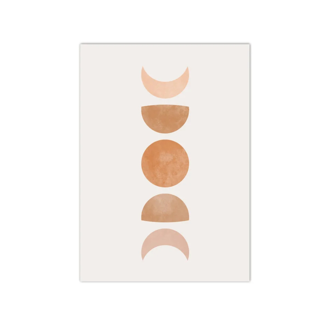 A minimalist art print featuring a vertical sequence of moon phases in warm earthy tones of peach, tan, and terracotta on a light cream background, shown as a centered rectangular print on a white backdrop.