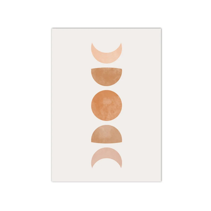 A minimalist art print featuring a vertical sequence of moon phases in warm earthy tones of peach, tan, and terracotta on a light cream background, shown as a centered rectangular print on a white backdrop.
