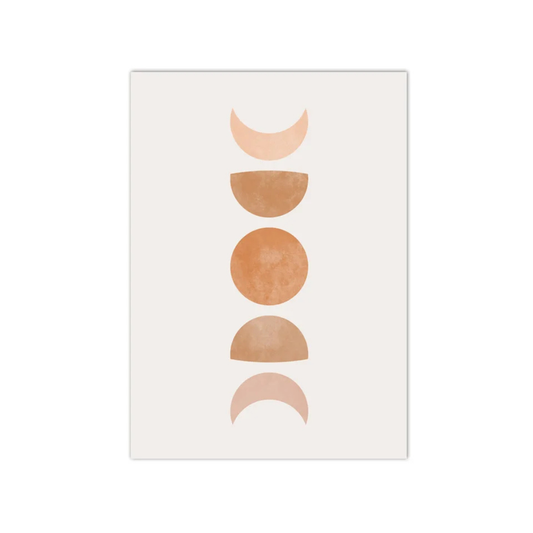 A minimalist art print featuring a vertical sequence of moon phases in warm earthy tones of peach, tan, and terracotta on a light cream background, shown as a centered rectangular print on a white backdrop.