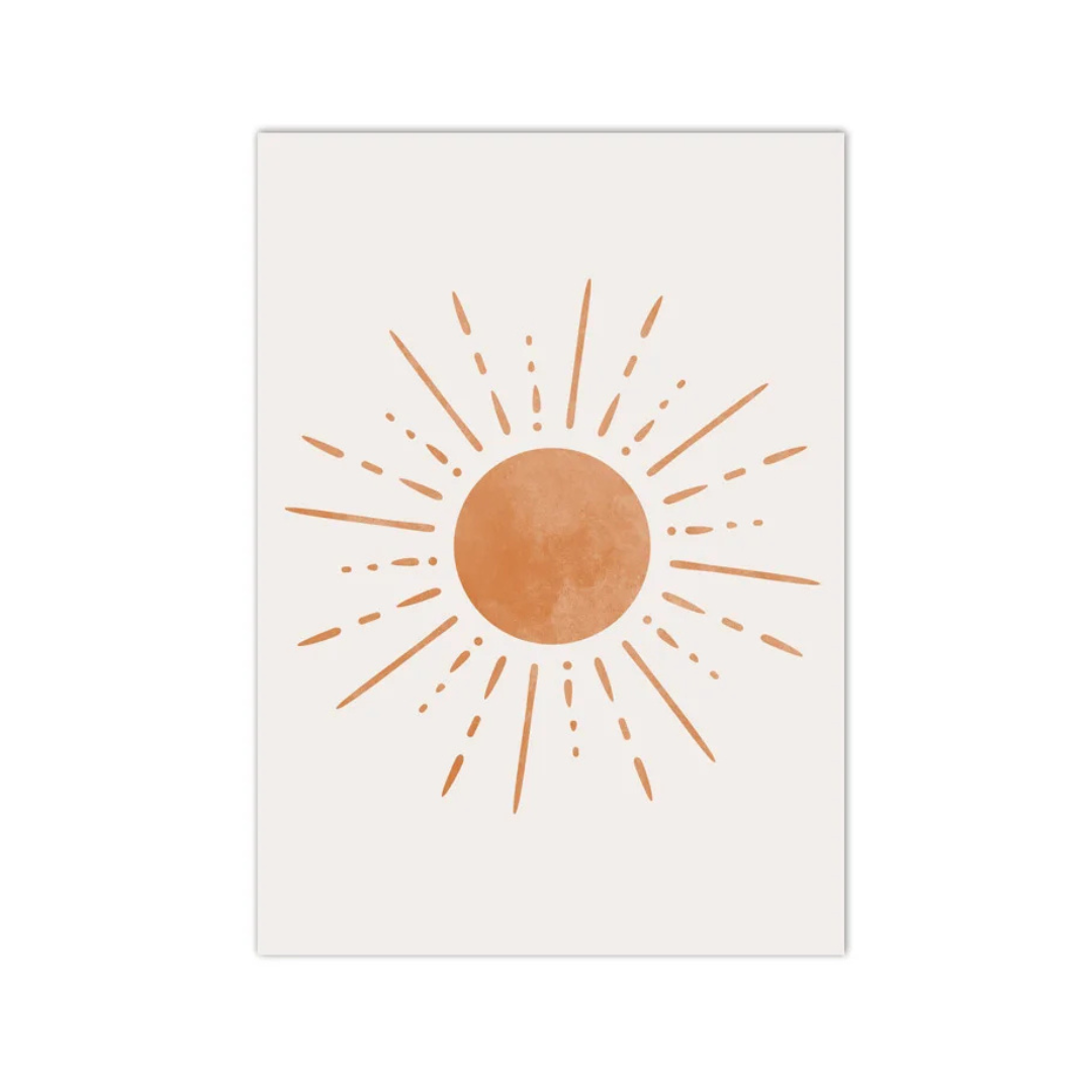 A minimalist art print featuring a textured terracotta sun with radiating dotted and dashed rays on a warm off-white background, shown as a vertical rectangular print against a solid white backdrop.