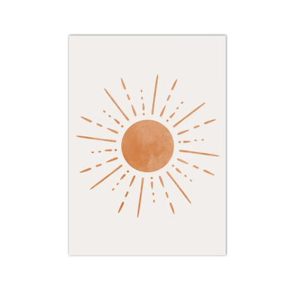 A minimalist art print featuring a textured terracotta sun with radiating dotted and dashed rays on a warm off-white background, shown as a vertical rectangular print against a solid white backdrop.