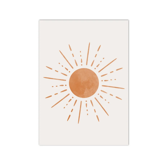 A minimalist art print featuring a textured terracotta sun with radiating dotted and dashed rays on a warm off-white background, shown as a vertical rectangular print against a solid white backdrop.
