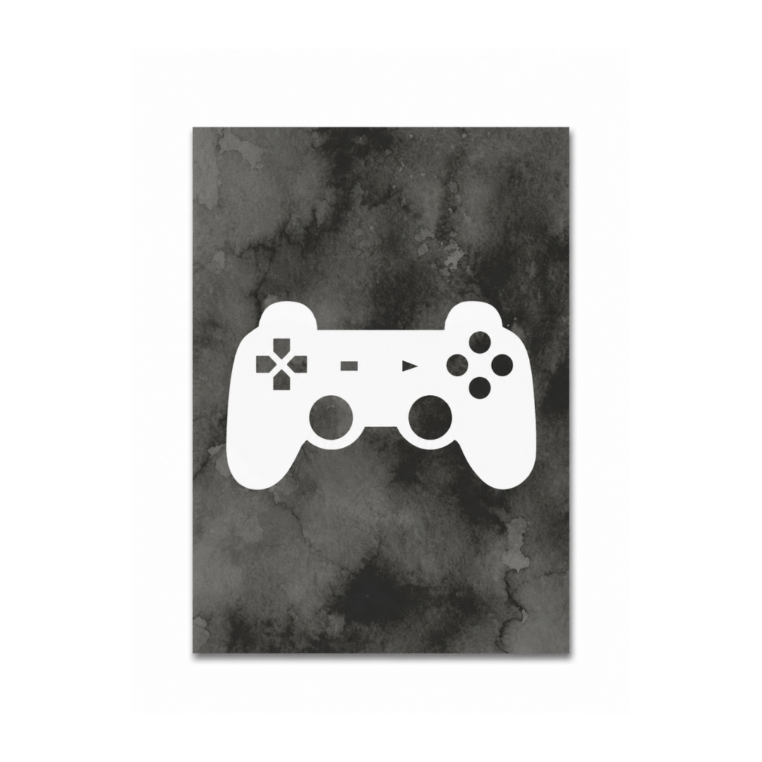 A vertical rectangular wall art print featuring a white video game controller silhouette centered on a dark gray watercolor-textured background, shown against a plain white backdrop.