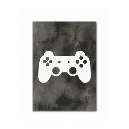 A vertical rectangular wall art print featuring a white video game controller silhouette centered on a dark gray watercolor-textured background, shown against a plain white backdrop.