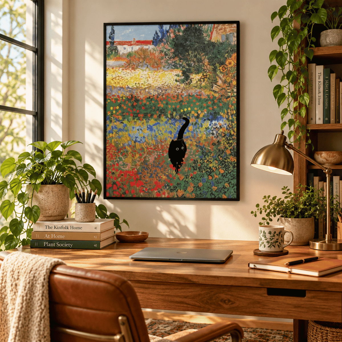 Black Cat In The Painted Garden Canvas Print