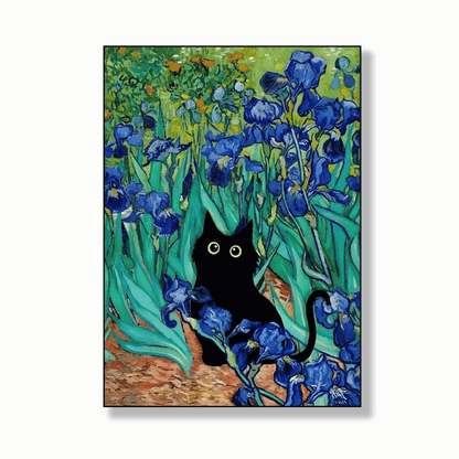Black Cat Among The Irises Canvas Print