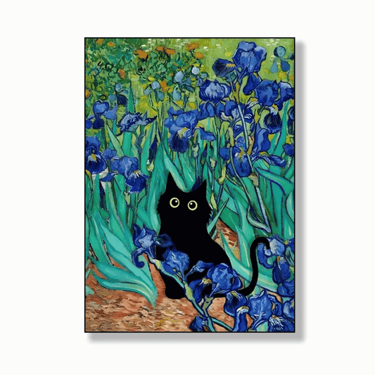 Black Cat Among The Irises Canvas Print
