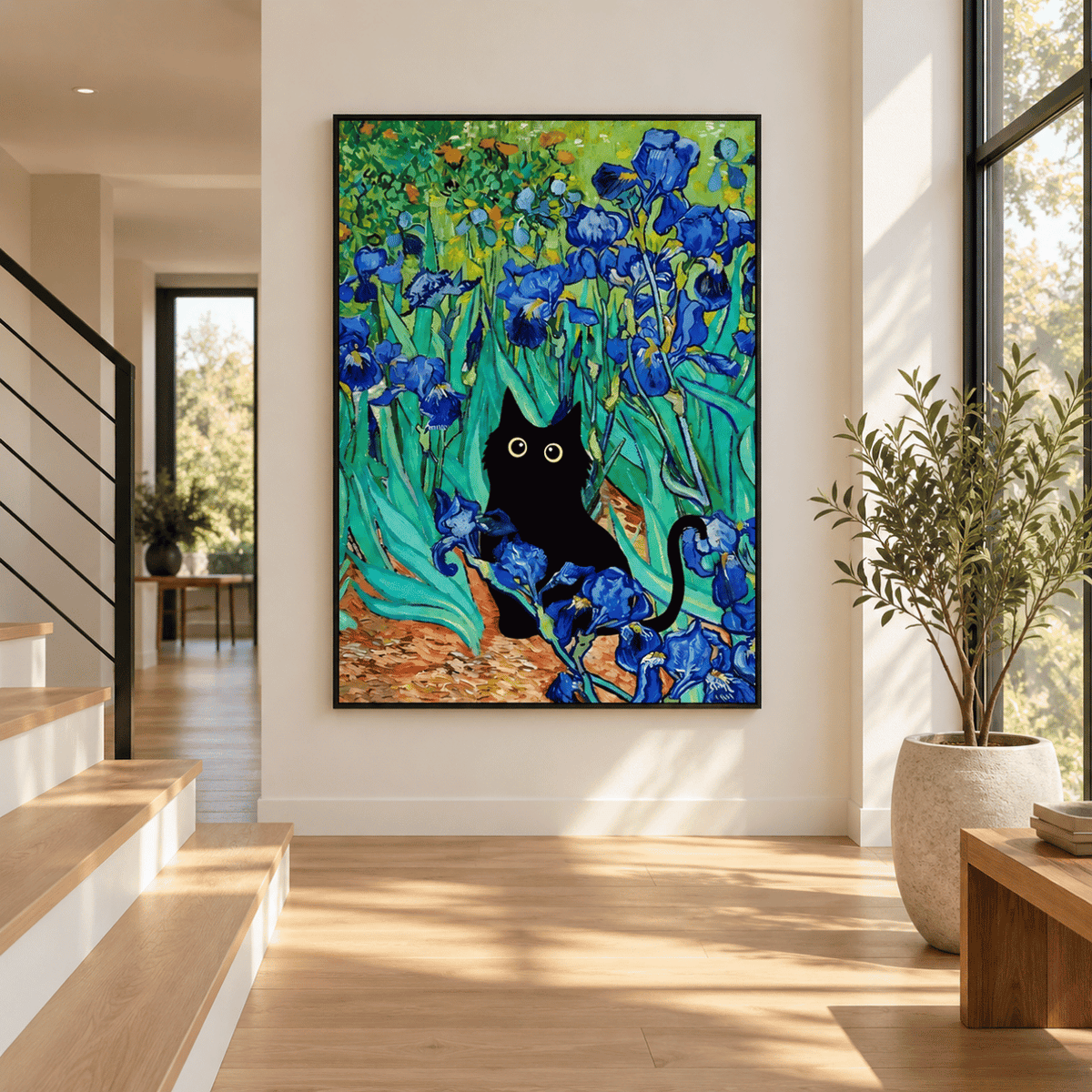 Black Cat Among The Irises Canvas Print