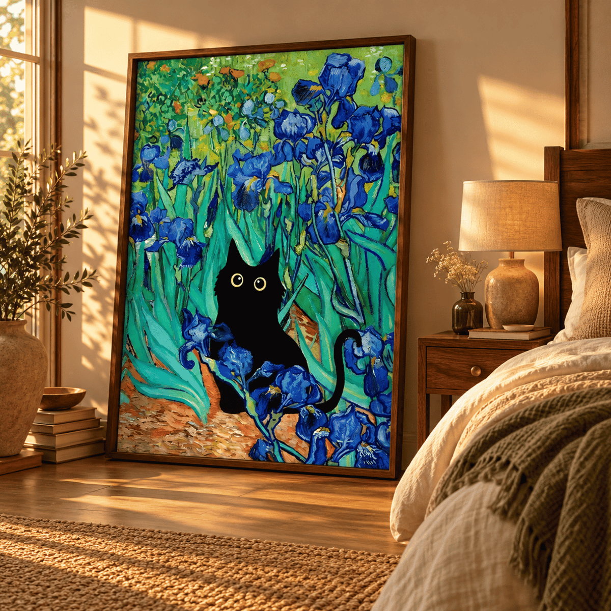 Black Cat Among The Irises Canvas Print