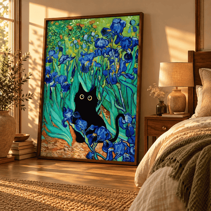 Black Cat Among The Irises Canvas Print