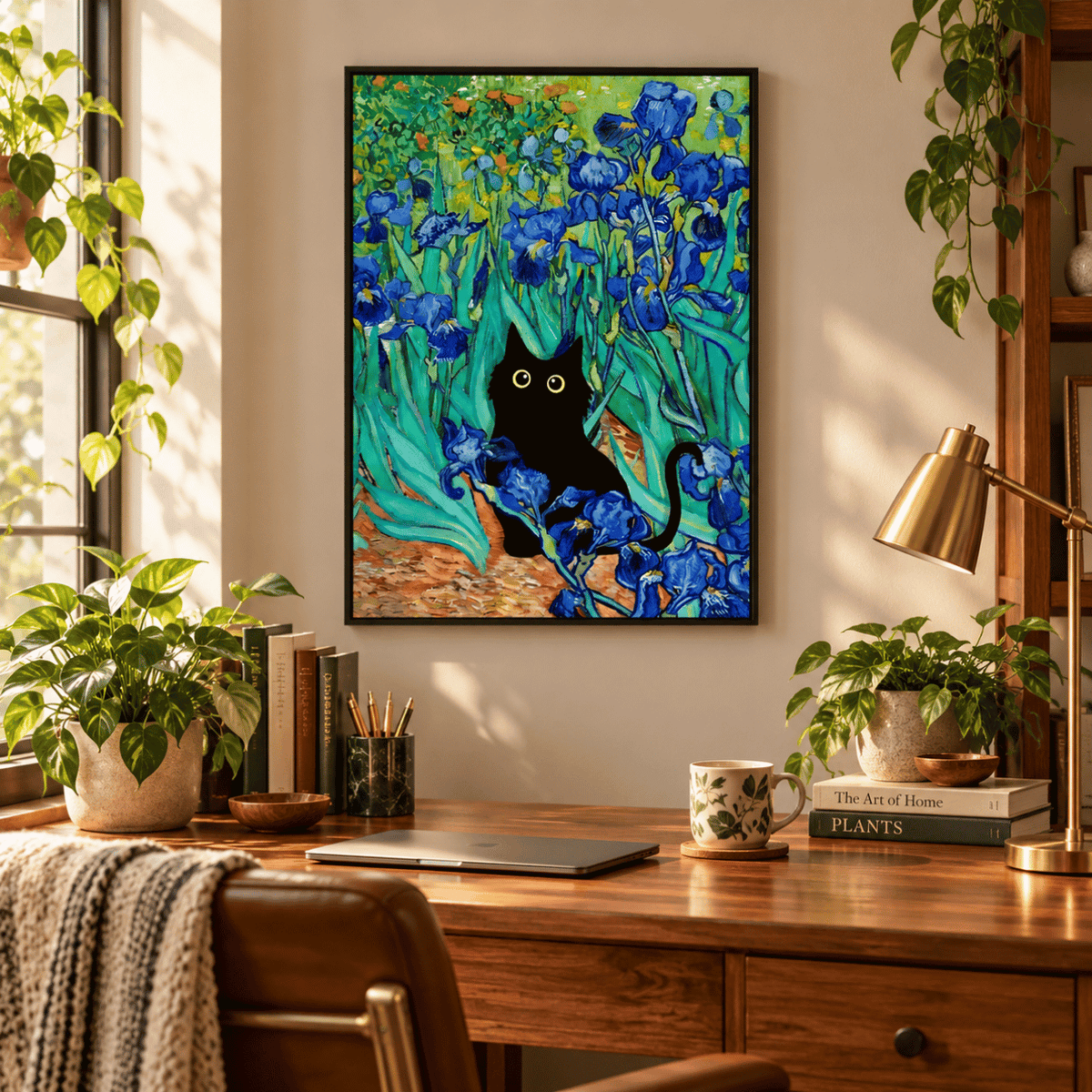 Black Cat Among The Irises Canvas Print