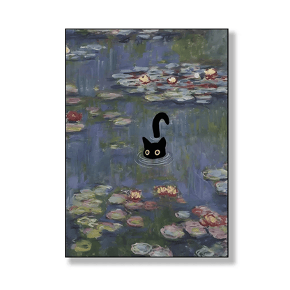 Black Cat Among The Water Lilies Canvas Print