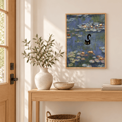 Black Cat Among The Water Lilies Canvas Print