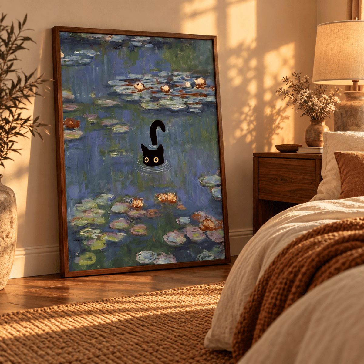 Black Cat Among The Water Lilies Canvas Print