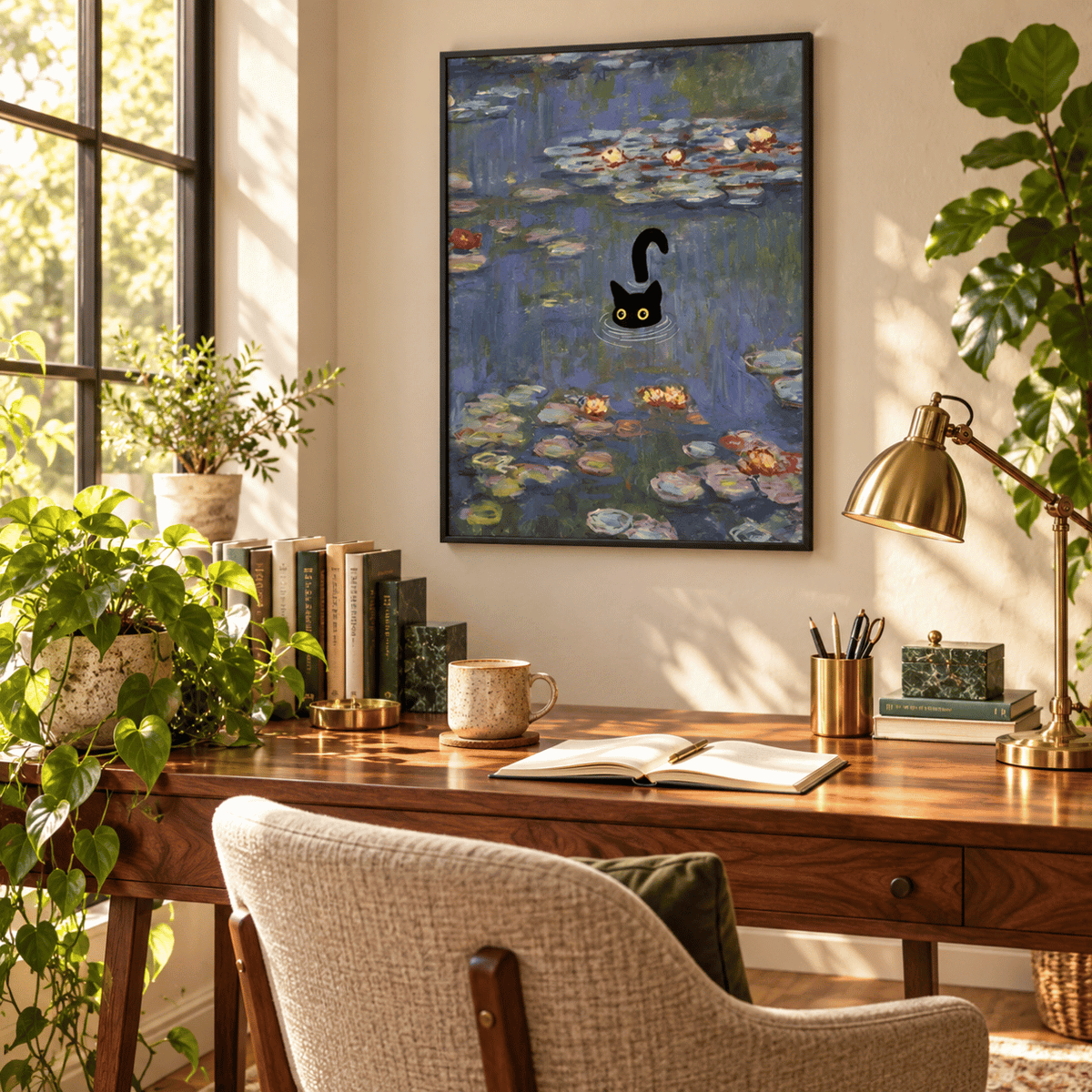 Black Cat Among The Water Lilies Canvas Print