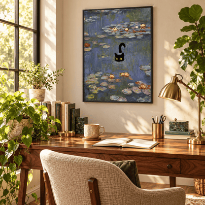Black Cat Among The Water Lilies Canvas Print