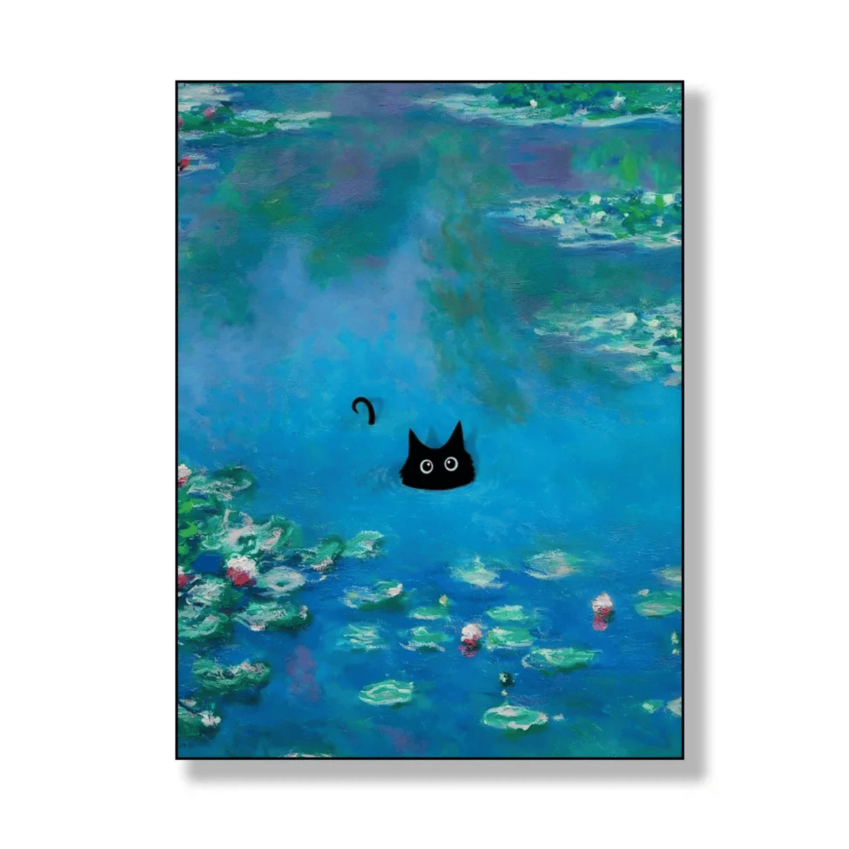 Black Cat Adrift In The Blue Water Lilies Canvas Print