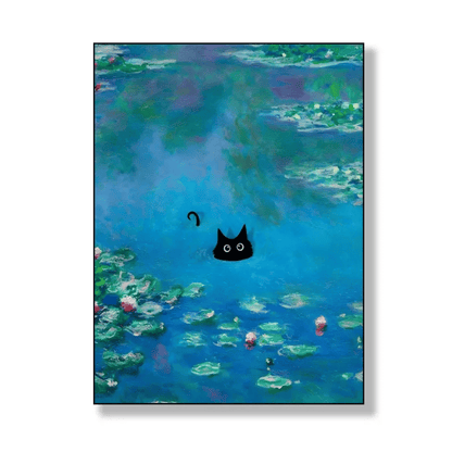 Black Cat Adrift In The Blue Water Lilies Canvas Print