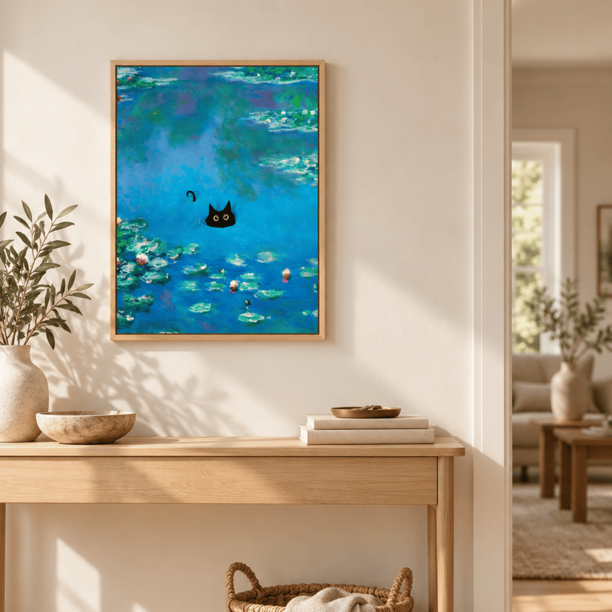 Black Cat Adrift In The Blue Water Lilies Canvas Print