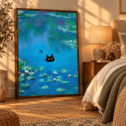 Black Cat Adrift In The Blue Water Lilies Canvas Print