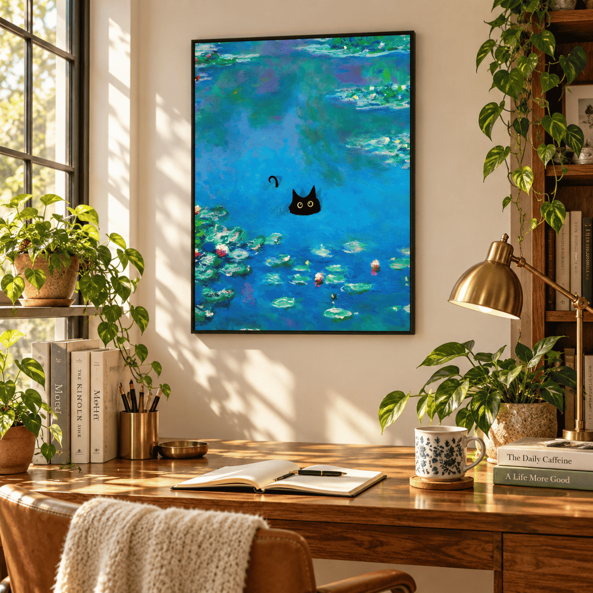 Black Cat Adrift In The Blue Water Lilies Canvas Print