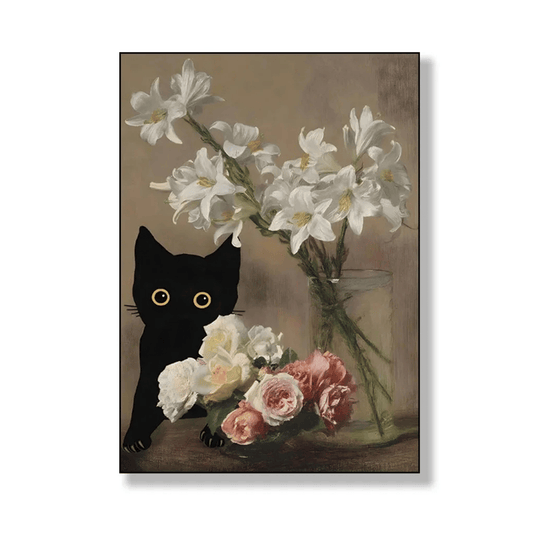 Black Cat Beside The Bouquet Canvas Print