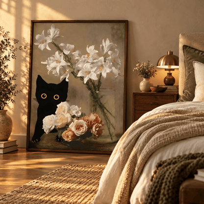 Black Cat Beside The Bouquet Canvas Print