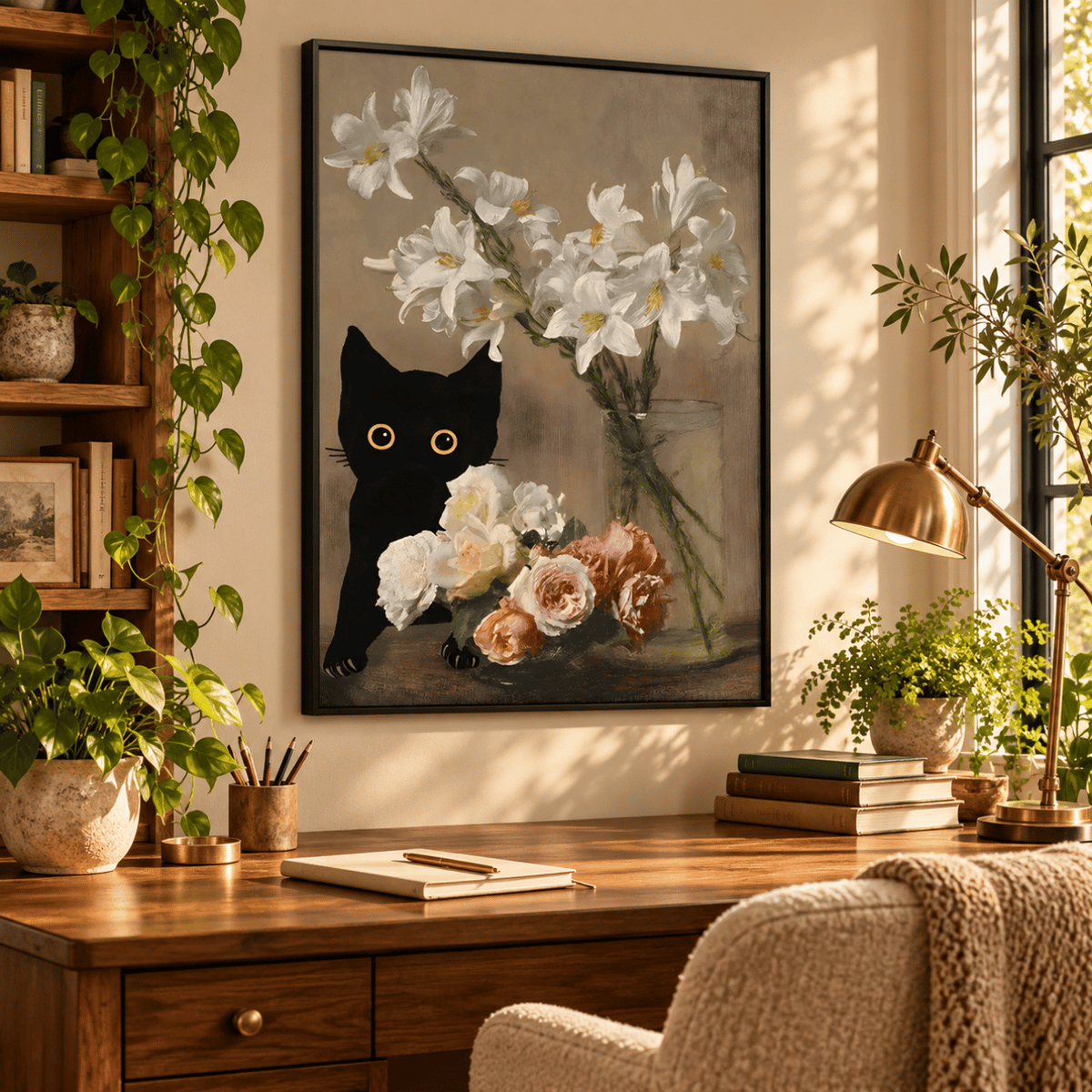 Black Cat Beside The Bouquet Canvas Print