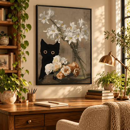 Black Cat Beside The Bouquet Canvas Print