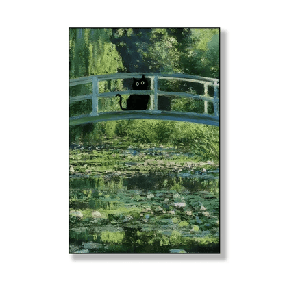Black Cat On The Water Lily Bridge Canvas Print