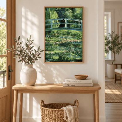 Black Cat On The Water Lily Bridge Canvas Print