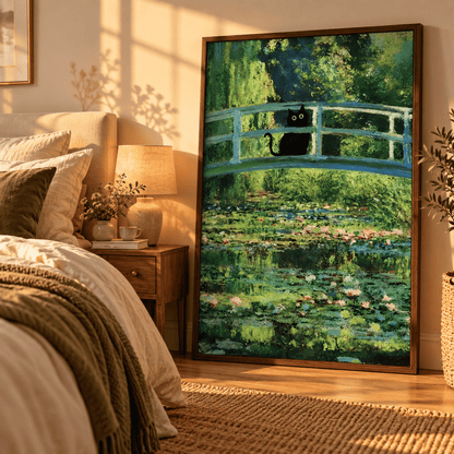Black Cat On The Water Lily Bridge Canvas Print