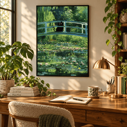 Black Cat On The Water Lily Bridge Canvas Print