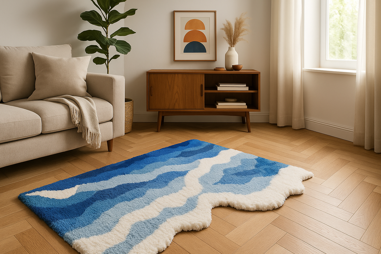 Japanese Blue Sea Waves Tufted Rug