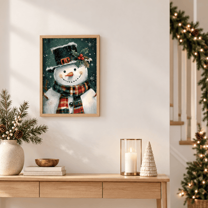 Holly Top Hat Festive Snowman Canvas Print