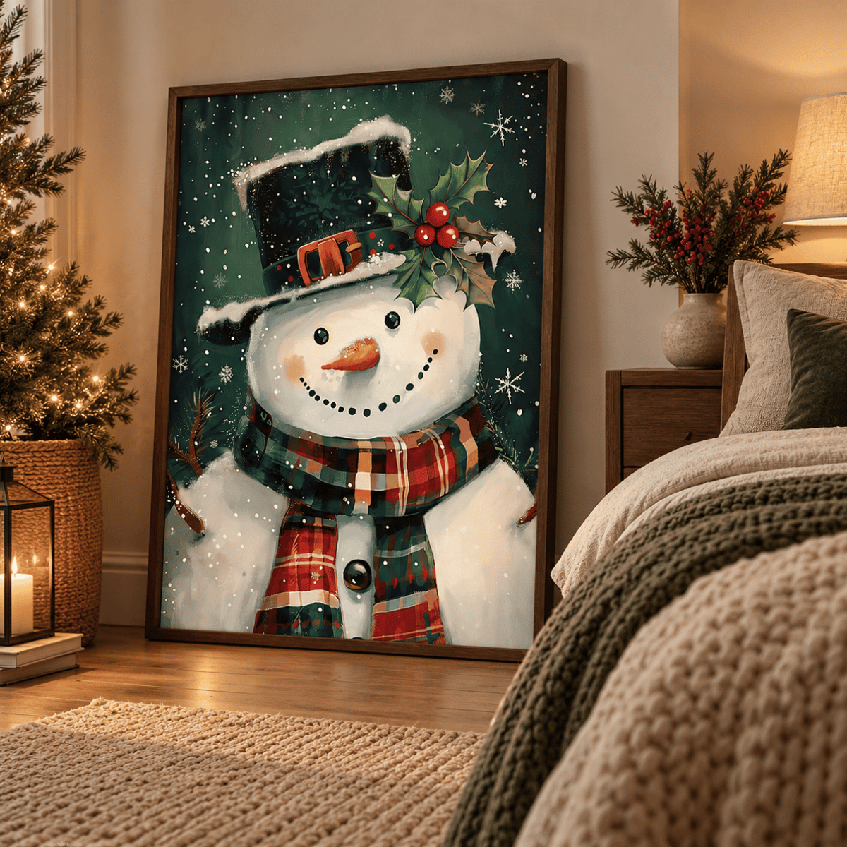 Holly Top Hat Festive Snowman Canvas Print