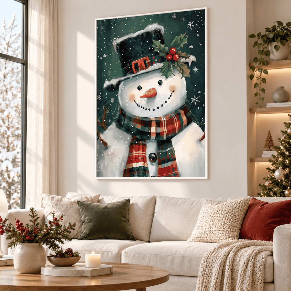 Holly Top Hat Festive Snowman Canvas Print