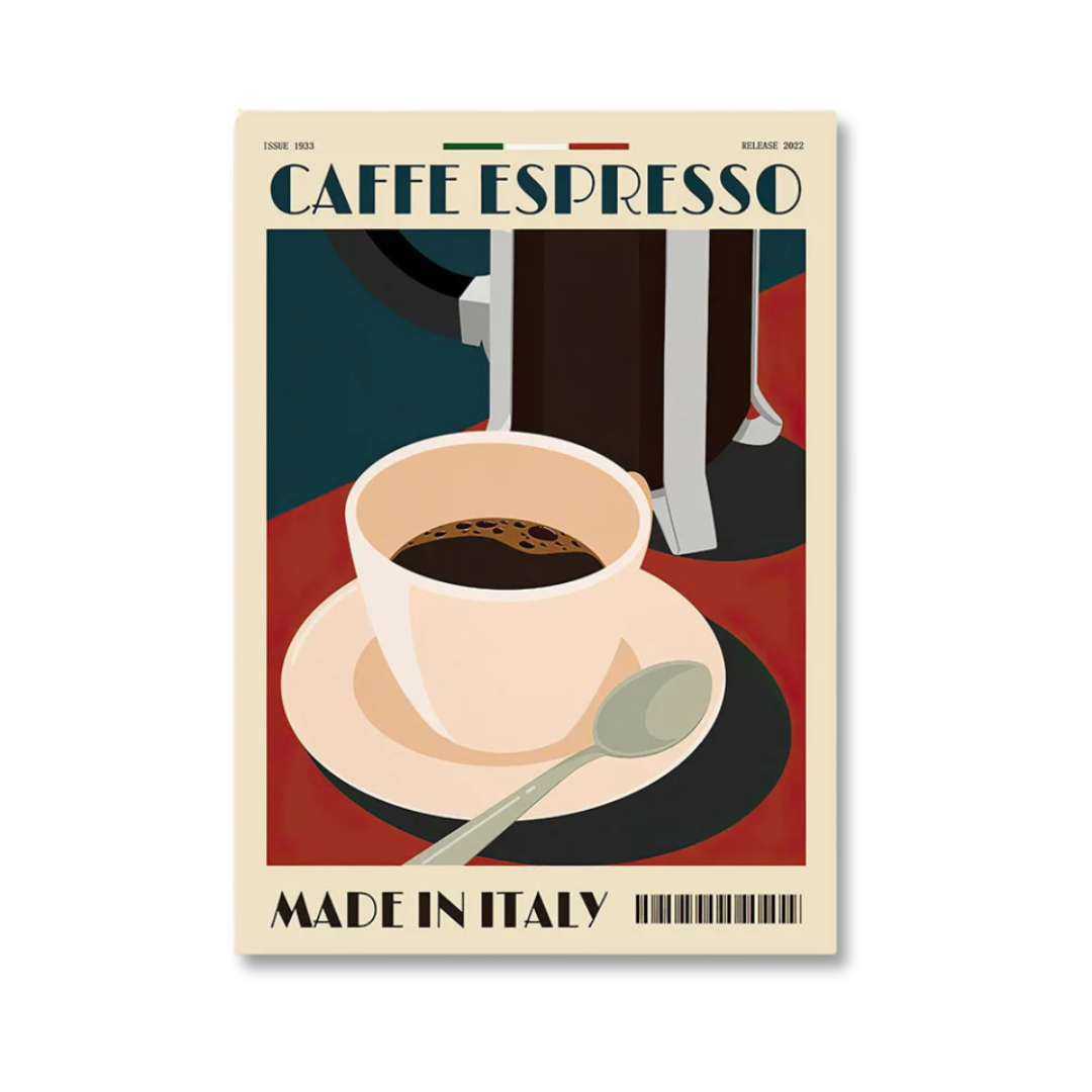 A retro-style illustrated poster or print featuring a cup of espresso on a saucer with a spoon, under the title 'CAFFE ESPRESSO' and above 'MADE IN ITALY'. The artwork uses cream, red, dark blue, black, and beige tones, with a small Italian flag detail at the top.