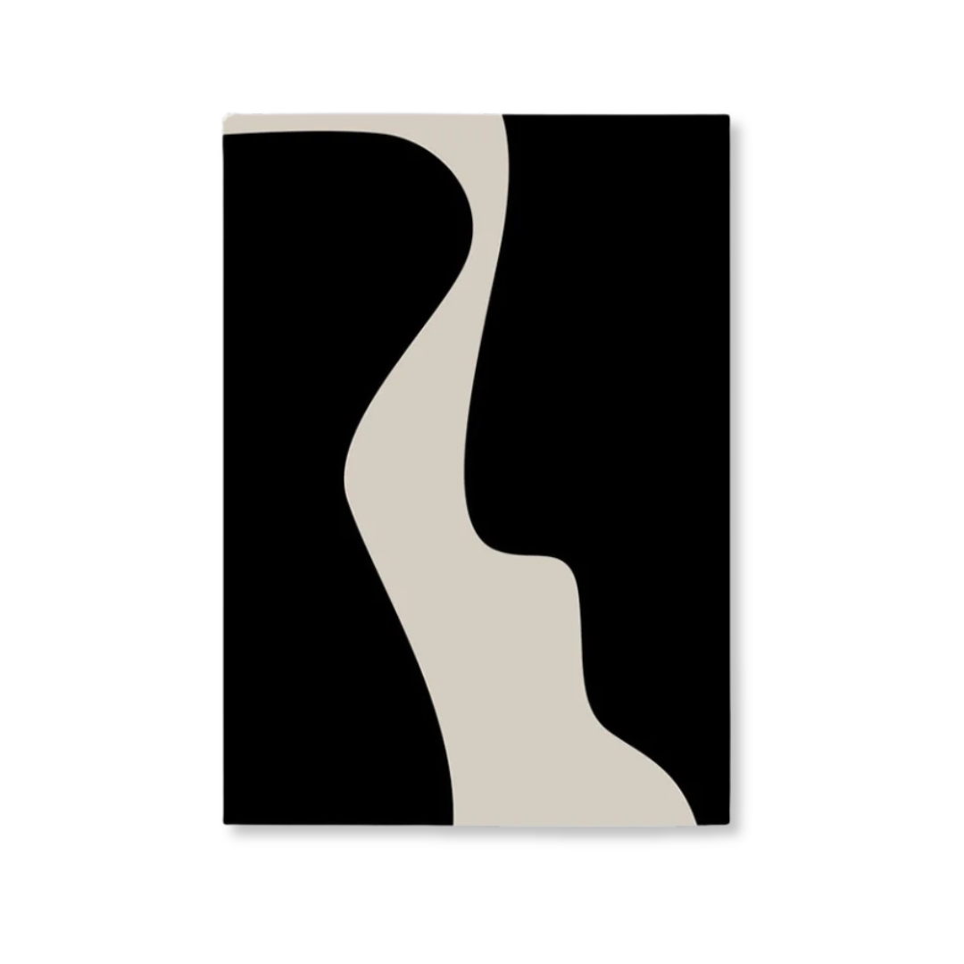 An abstract canvas wall art print featuring a minimalist black and beige design, shown against a plain white background.