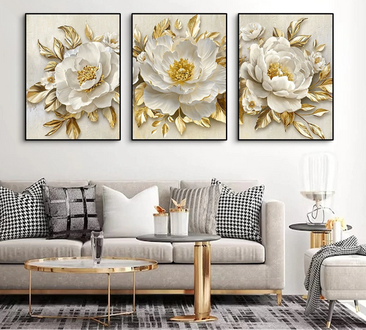 Modern platinum and gold leaf flower canvas wall art