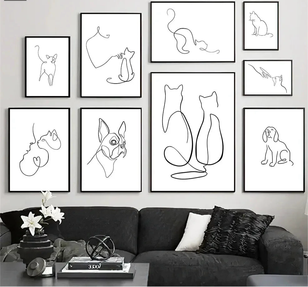 minimalist black and white cat and dog line art canvas wall art