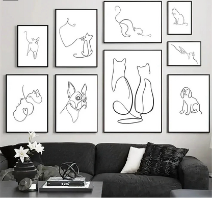 minimalist black and white cat and dog line art canvas wall art