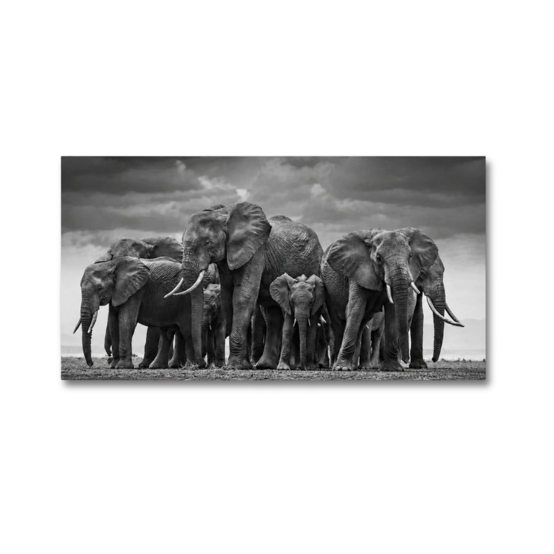 A black and white photographic print of a herd of African elephants standing together under a dramatic cloudy sky, shown as a rectangular wall art piece on a white background.