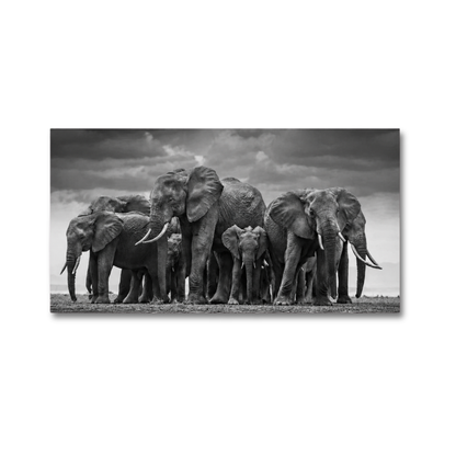 A black and white photographic print of a herd of African elephants standing together under a dramatic cloudy sky, shown as a rectangular wall art piece on a white background.