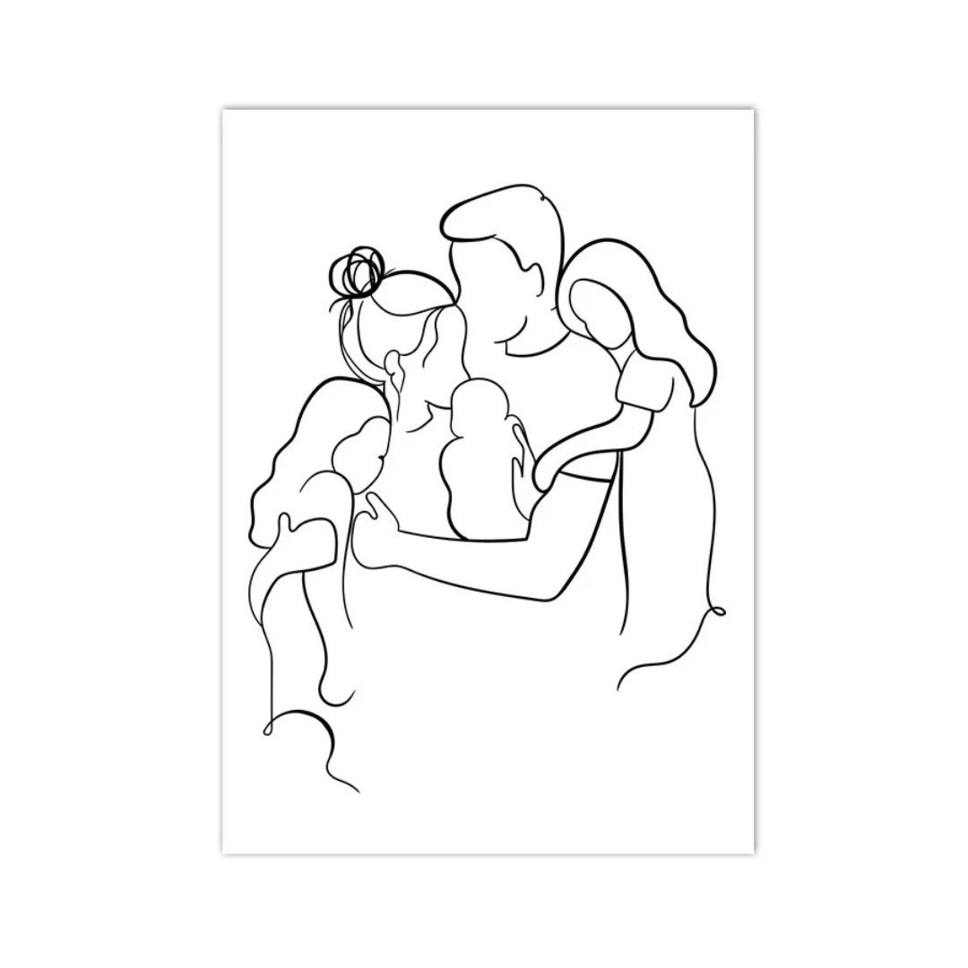 A minimalist black and white continuous line art print depicting a family of four, shown as a vertical poster on a white background.