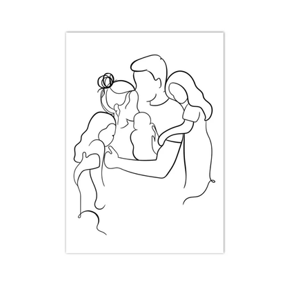 A minimalist black and white continuous line art print depicting a family of four, shown as a vertical poster on a white background.