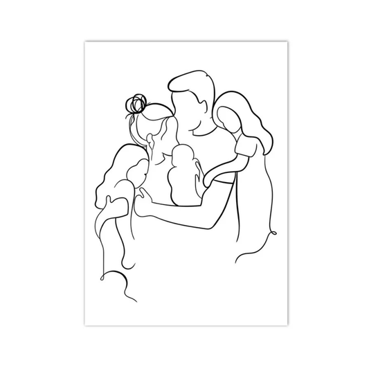 A minimalist black and white continuous line art print depicting a family of four, shown as a vertical poster on a white background.