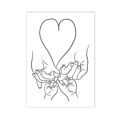 A minimalist black and white line art print featuring three hands forming a heart shape together, presented on a clean white background.