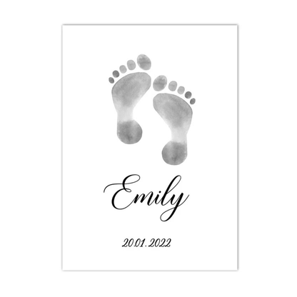 A personalized baby footprint print on a white card, featuring gray watercolor baby footprints, the name 'Emily' in black script, and the date '20.01.